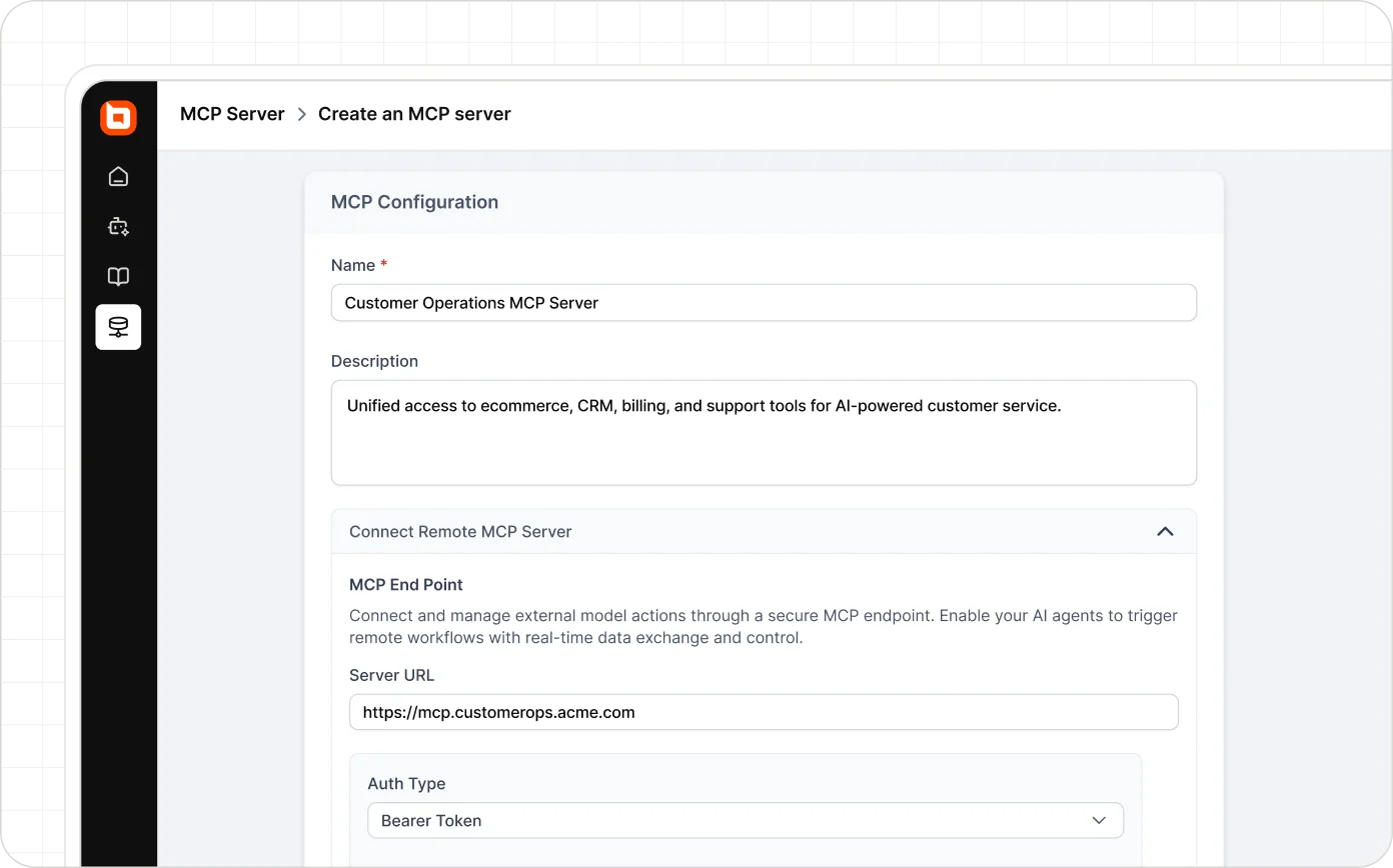 BoldDesk MCP server screen shows a customer operations endpoint connected to ecommerce, CRM, billing, and support systems.