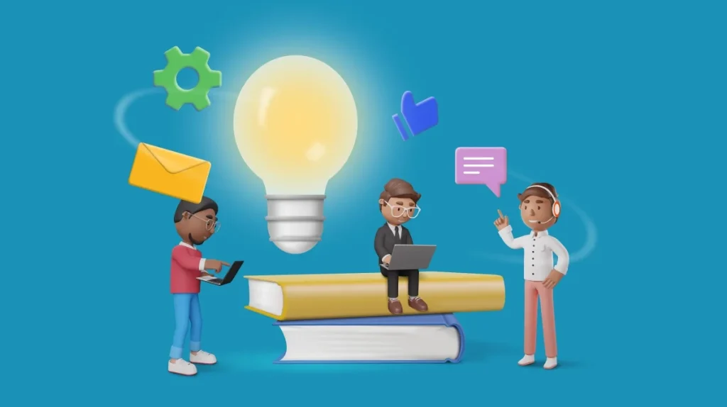 Illustration of a team collaborating with digital tools representing effective customer communication and knowledge sharing
