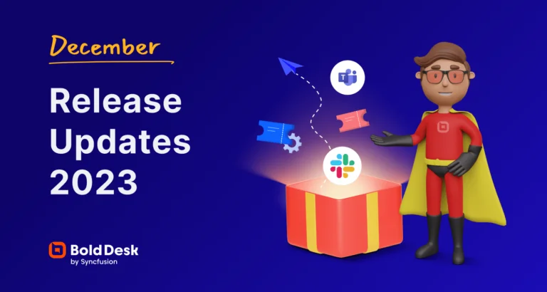BoldDesk December 2023 release updates banner with gift box, Slack and Microsoft Teams integration icons, and mascot.