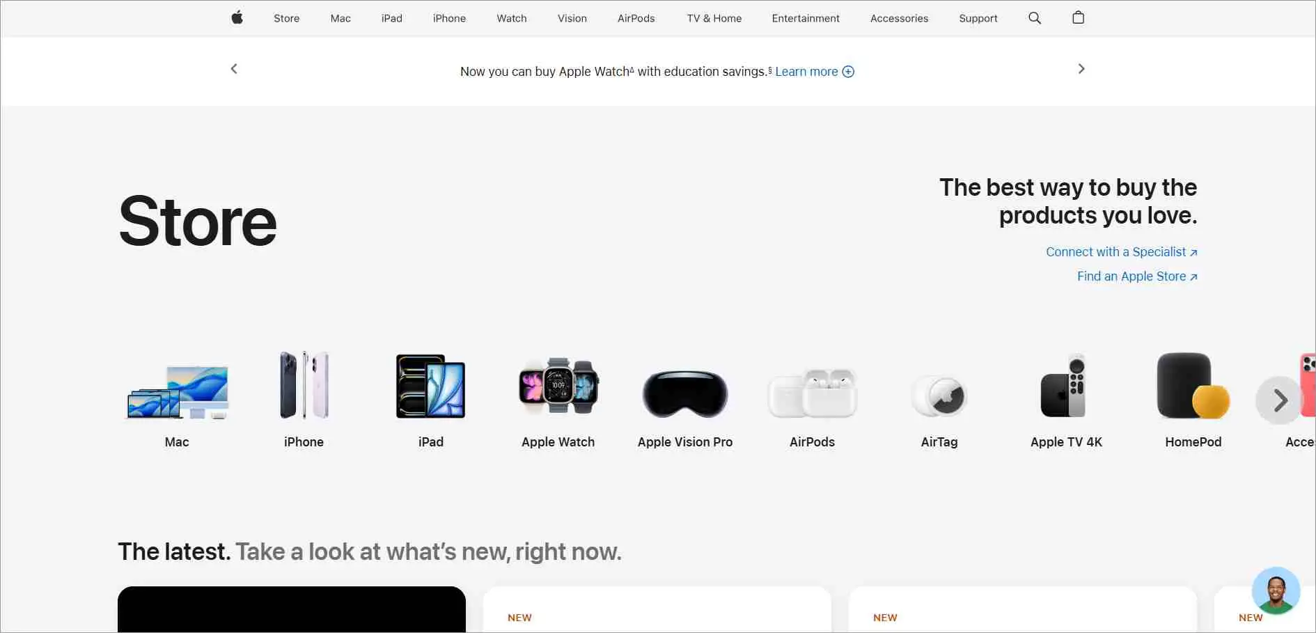 Apple Store page with white and gray layout, showing product icons (Mac, iPhone, iPad) and minimalist design style