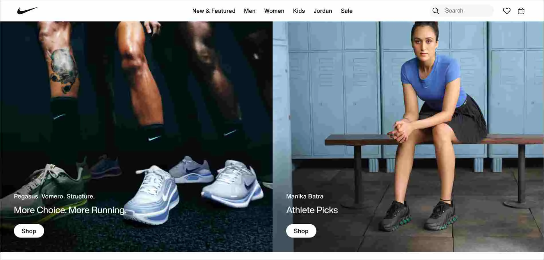 Nike homepage with black, blue, and neutral tones showing running shoes on athletes and sportswear with fitness-themed image