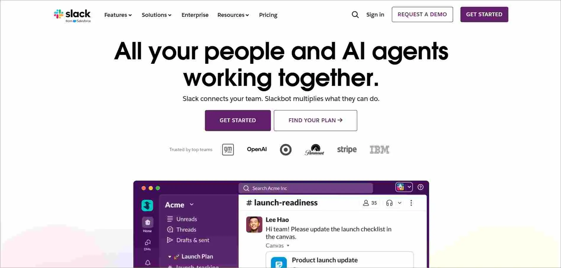 Slack homepage with white background and text showing collaboration, AI tools, and team productivity messaging