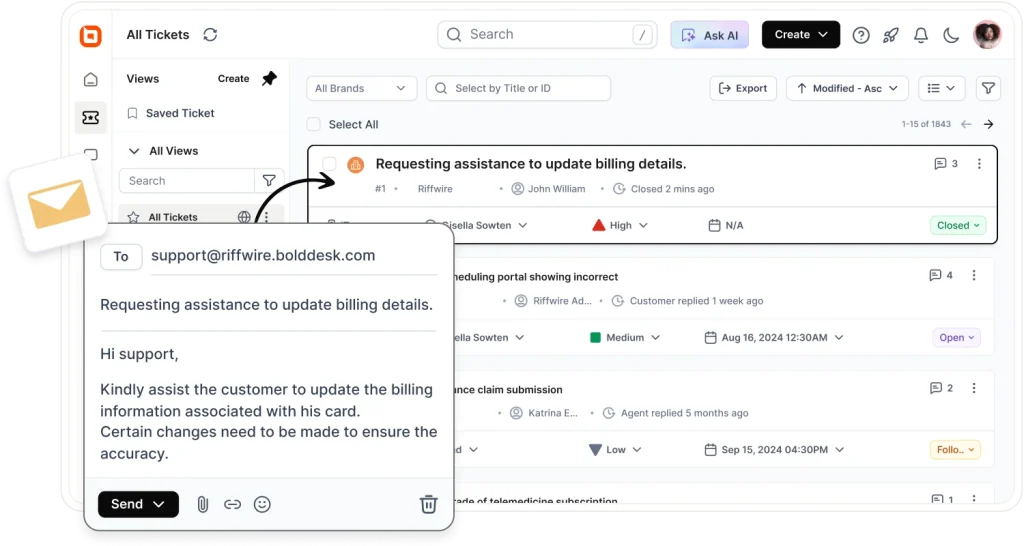 BoldDesk dashboard view with billing update ticket email and ticket views
