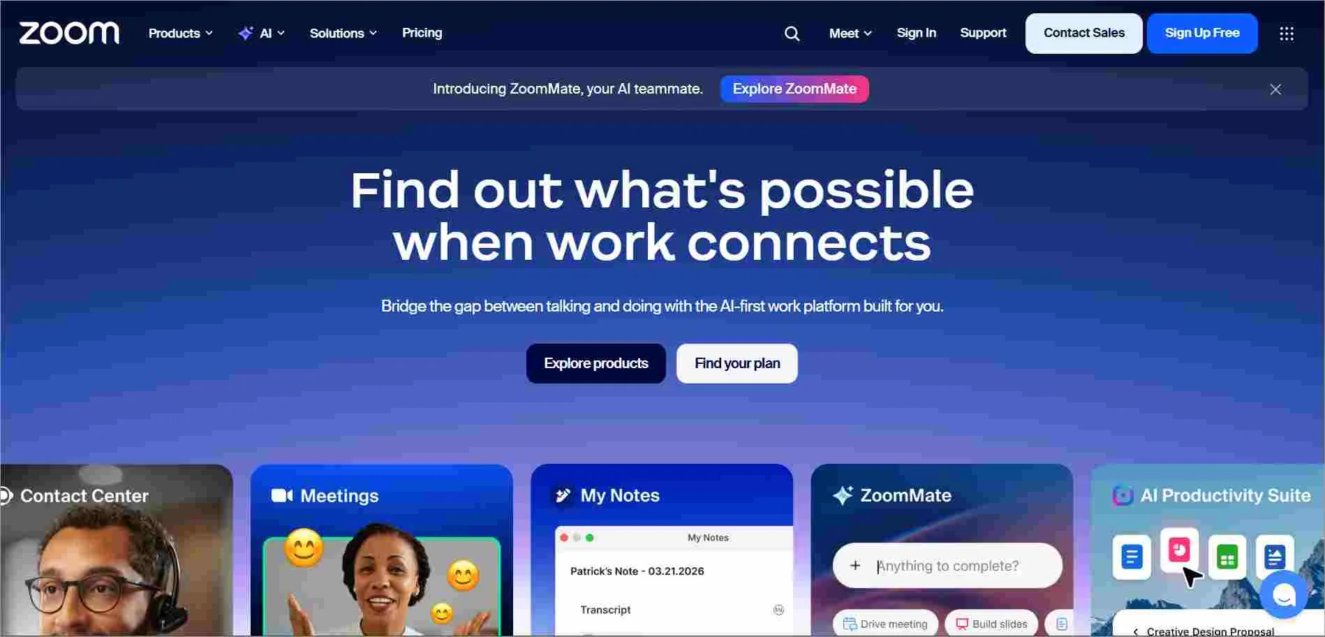 Zoom homepage with blue gradient design product tiles highlighting meetings, AI tools, and workplace connectivity