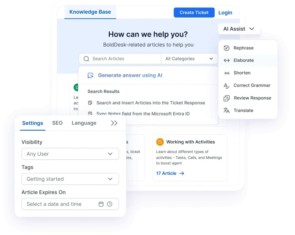 BoldDesk Knowledge base interface showing AI-generated answers, search options, and related user manual articles.