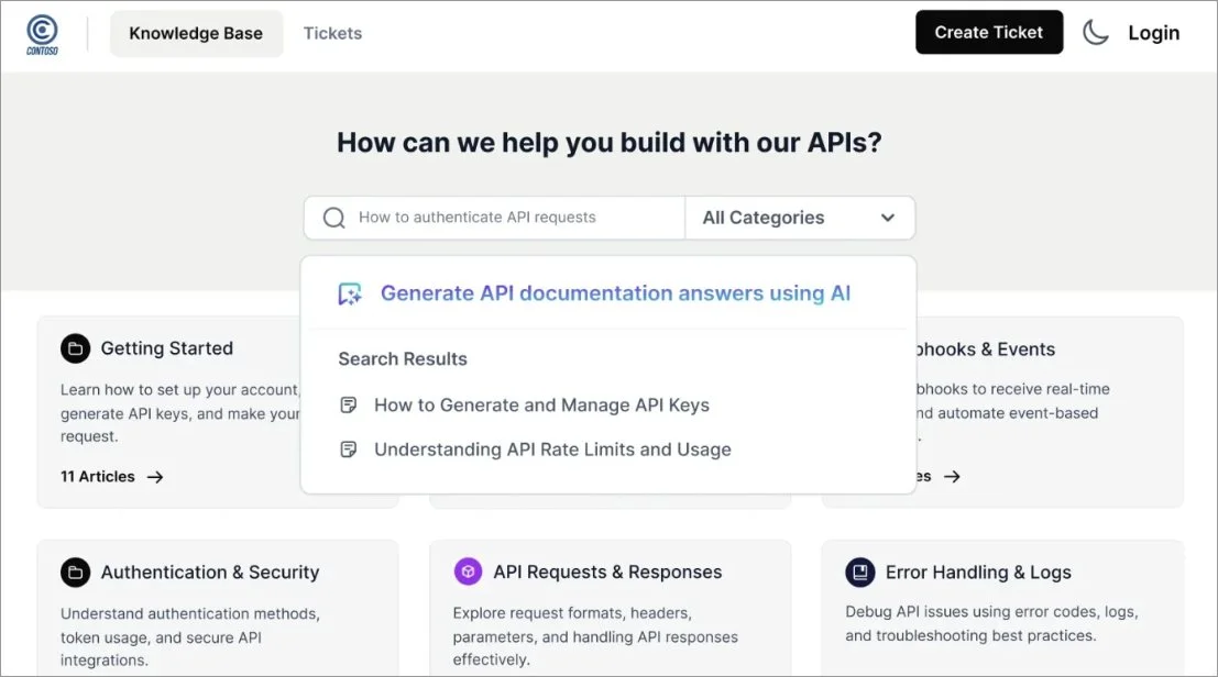 AI-powered knowledge base interface displaying API documentation search results and support resource categories