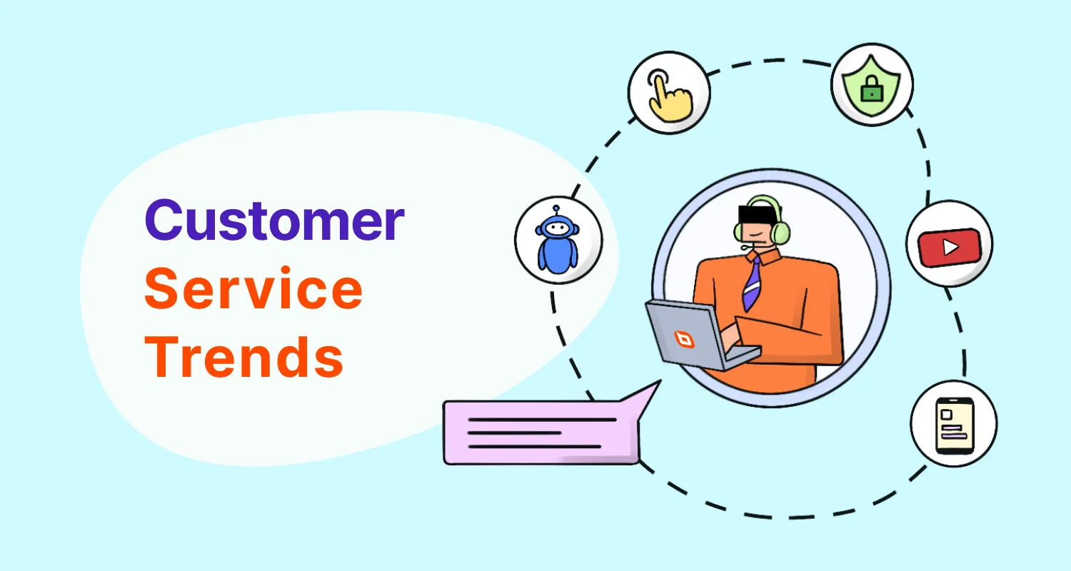 Customer service trends illustration featuring support agent, chatbot, messaging, security, video and mobile support icons.