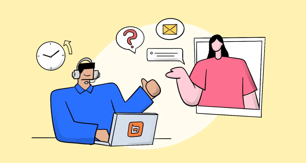 Customer support illustration showing virtual assistance, messaging, email queries, and responsive service interactions.