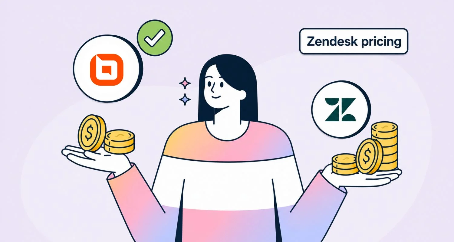 Comparing BoldDesk and Zendesk pricing with yellow coin icons and green checkmark on a light purple background
