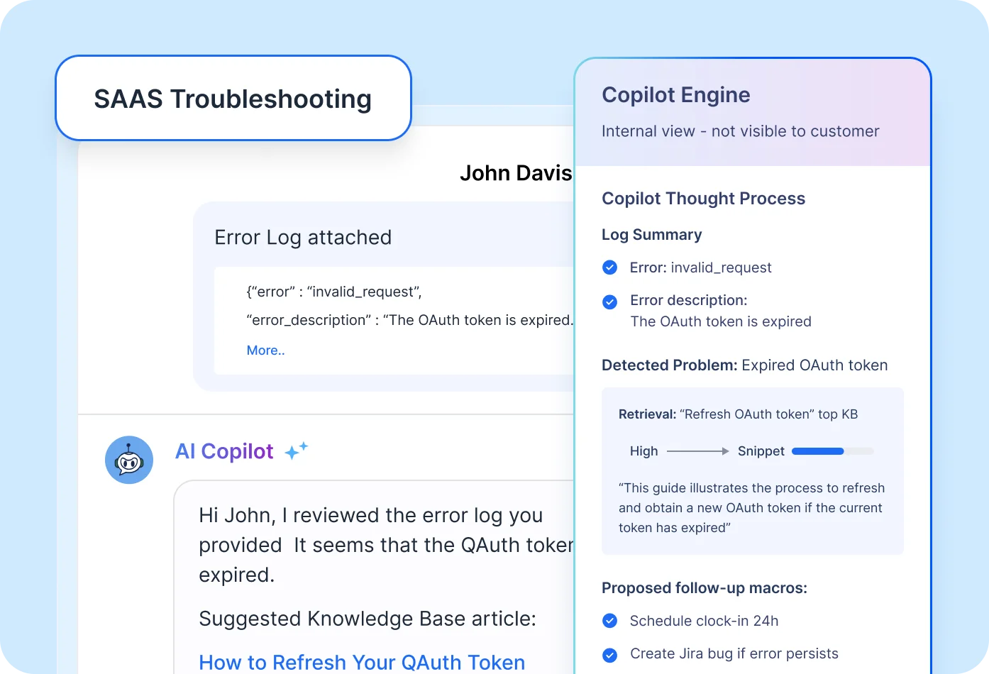 SaaS troubleshooting screen showing error log and AI Copilot suggesting OAuth token expiry with solution steps
