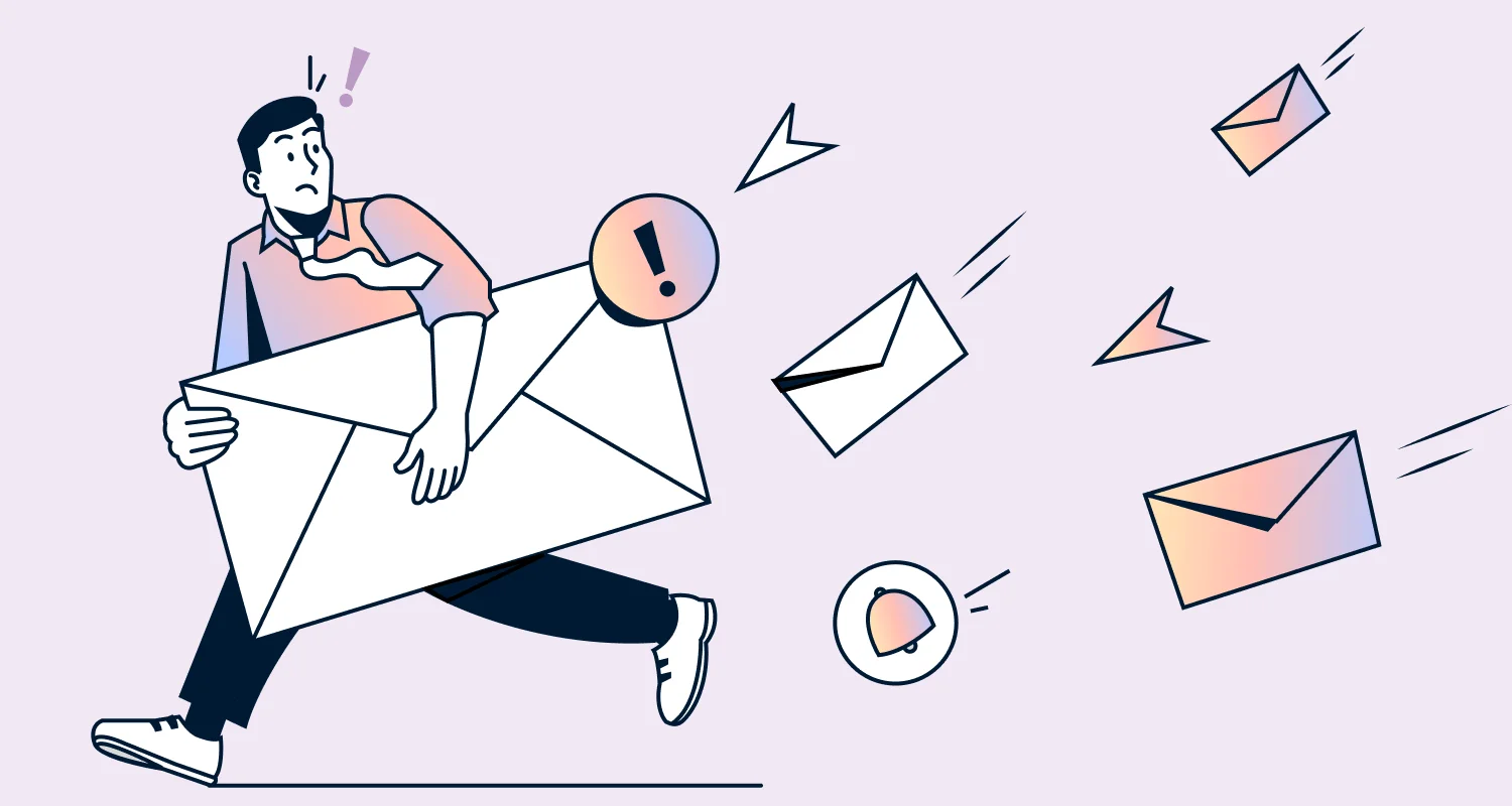 Shared inboxes illustration showing overwhelmed support agent juggling incoming emails, alerts, and messages at growing scale.