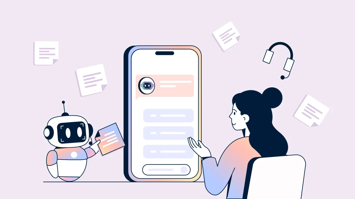 AI-powered customer support chatbot assisting a user through a mobile chat interface with automated responses and live support options.