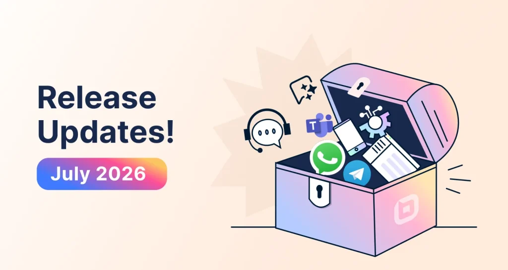 Light orange graphic with purple and pink box showing apps like Teams, WhatsApp, and Telegram for June 2026 release updates