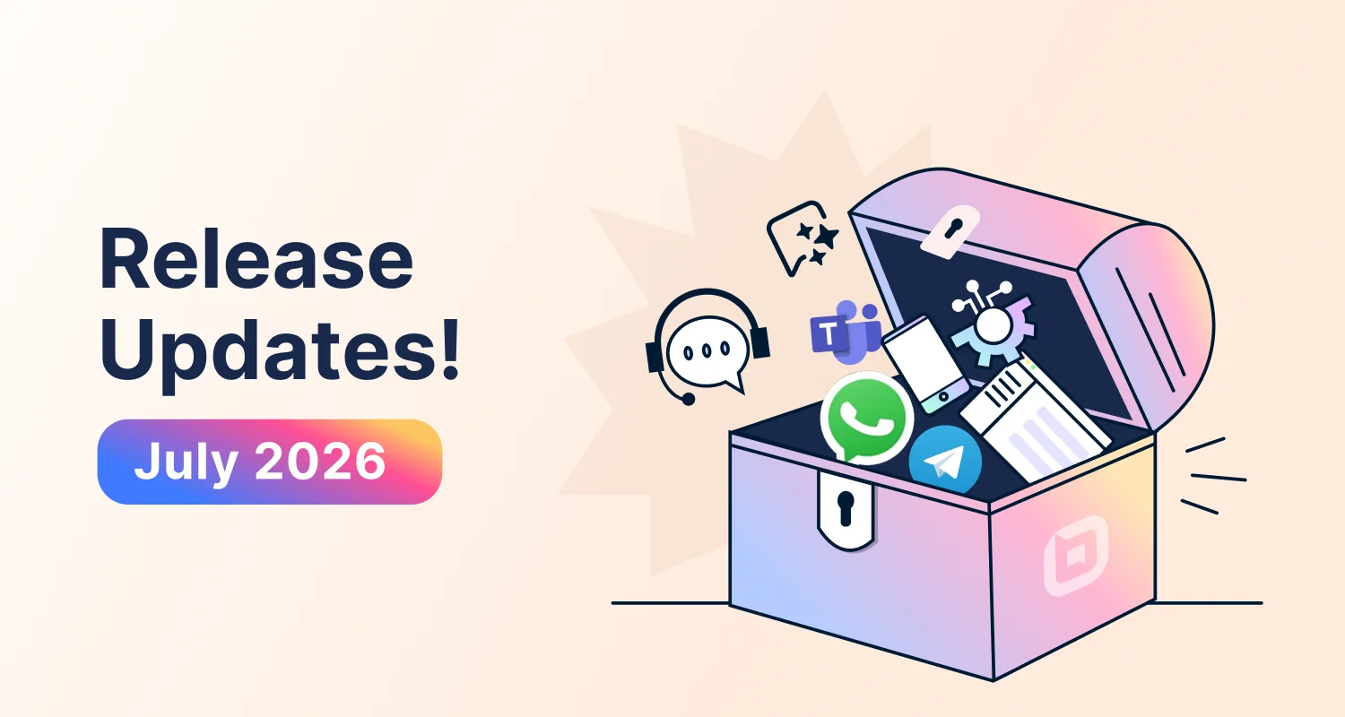 Light orange graphic with purple and pink box showing apps like Teams, WhatsApp, and Telegram for June 2026 release updates