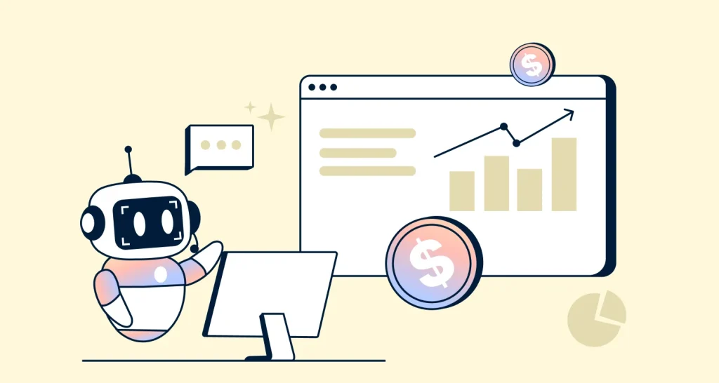 An AI chatbot analyzing business metrics and revenue dashboard with charts, automation, and customer support insights.