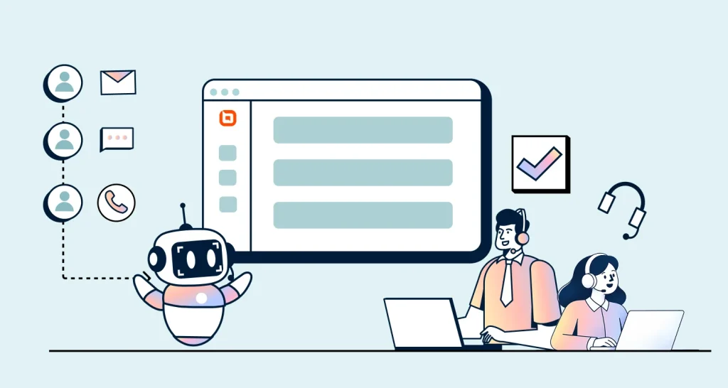 Light blue AI help desk dashboard with robot icon, email, phone, headset, chat icons, and support agents at laptops