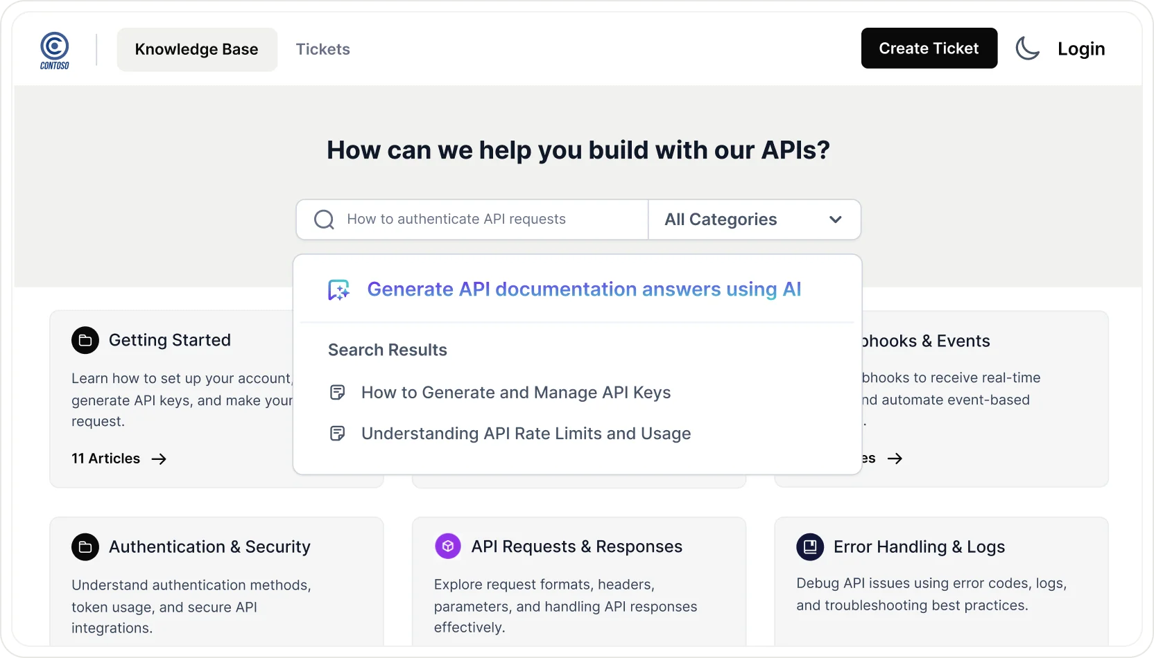 AI help desk for small teams displaying AI-powered knowledge search with API documentation recommendations.